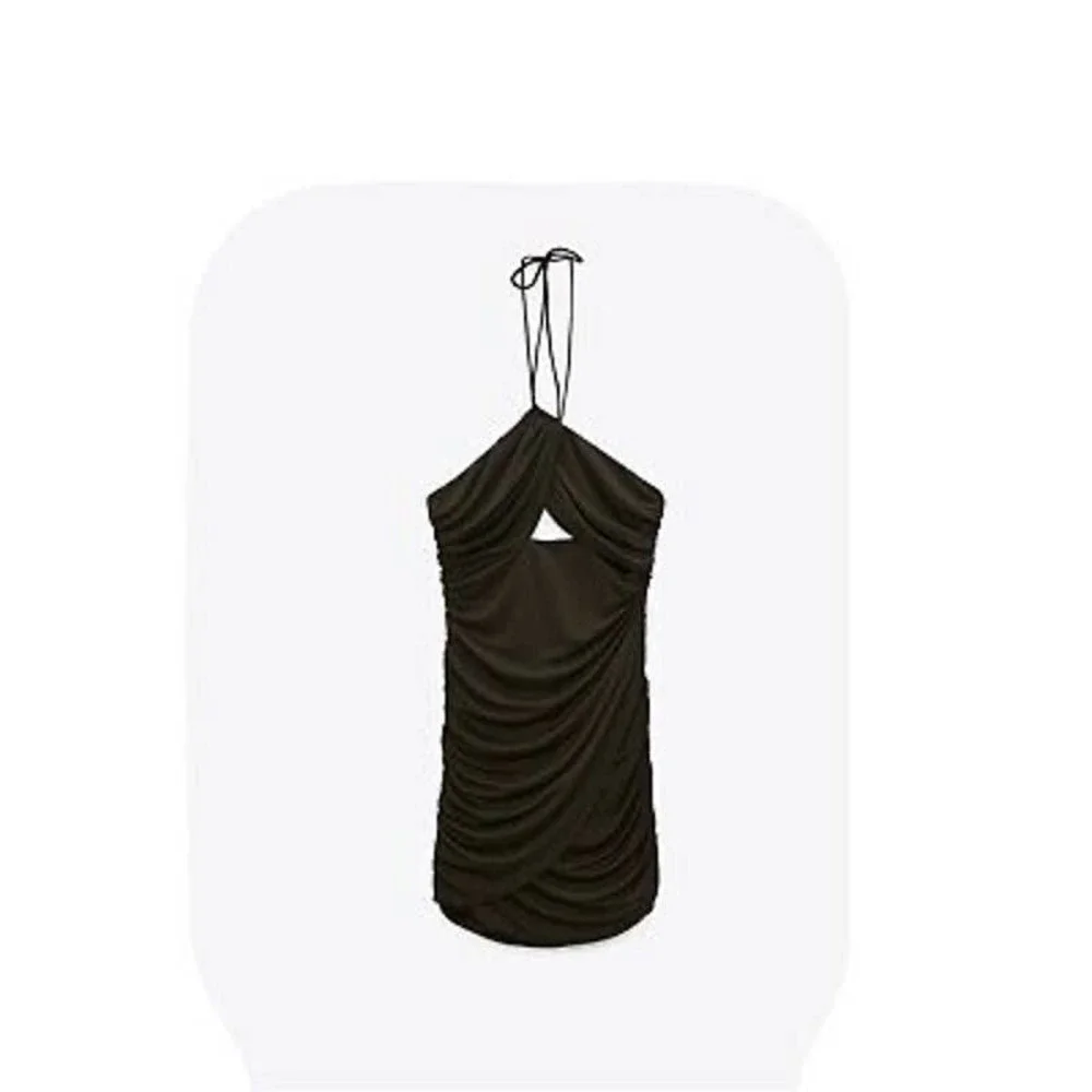 Zara Draped Cut Out Dress Bodycon Halter Neck Dark Khaki M NWT - Picture 2 of 5